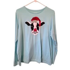 Lands End Womens Holiday Christmas Cow Long Sleeve Tee Plus Size 1X Blue sequins